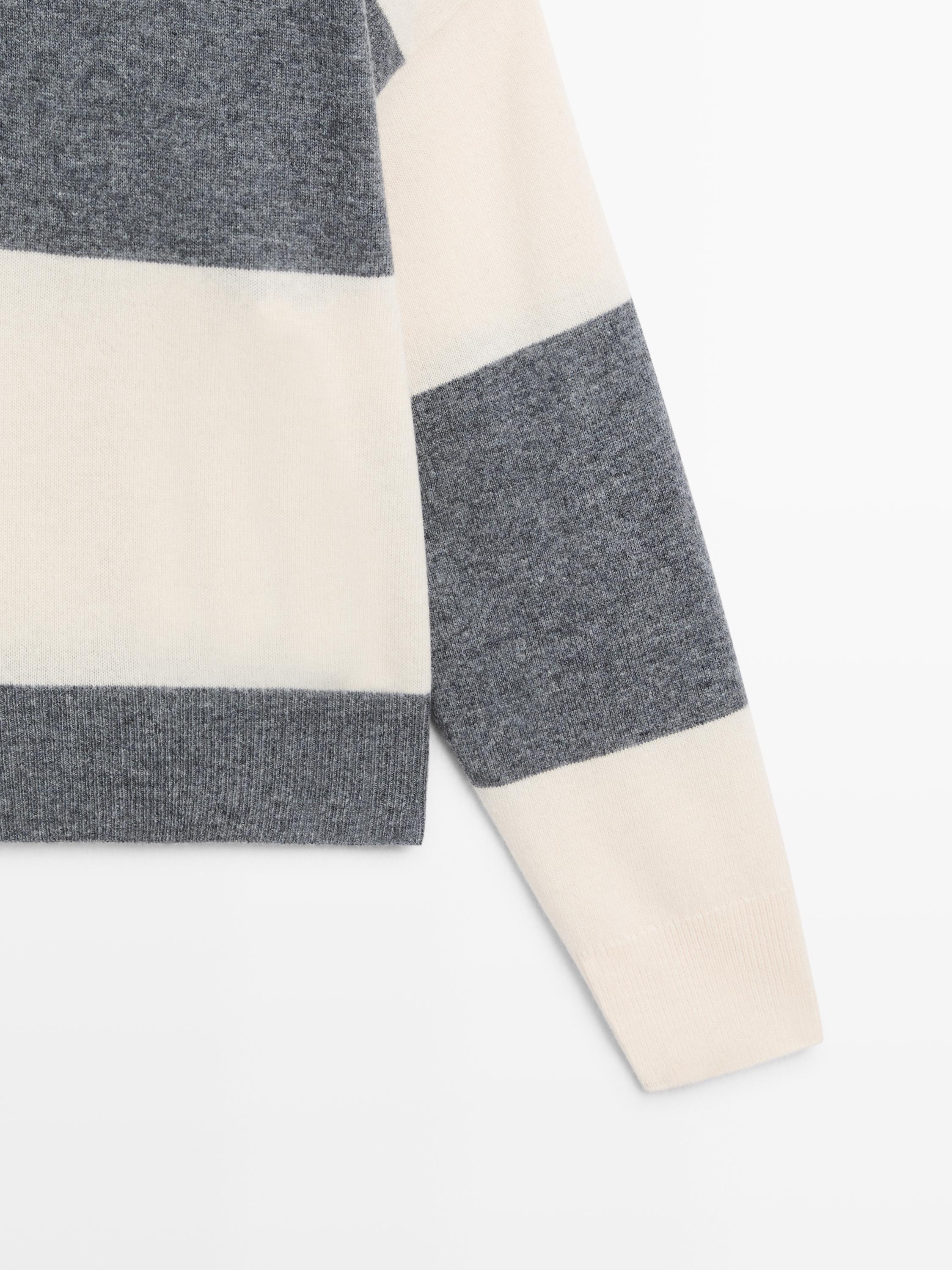 Striped knit sweater with polo collar